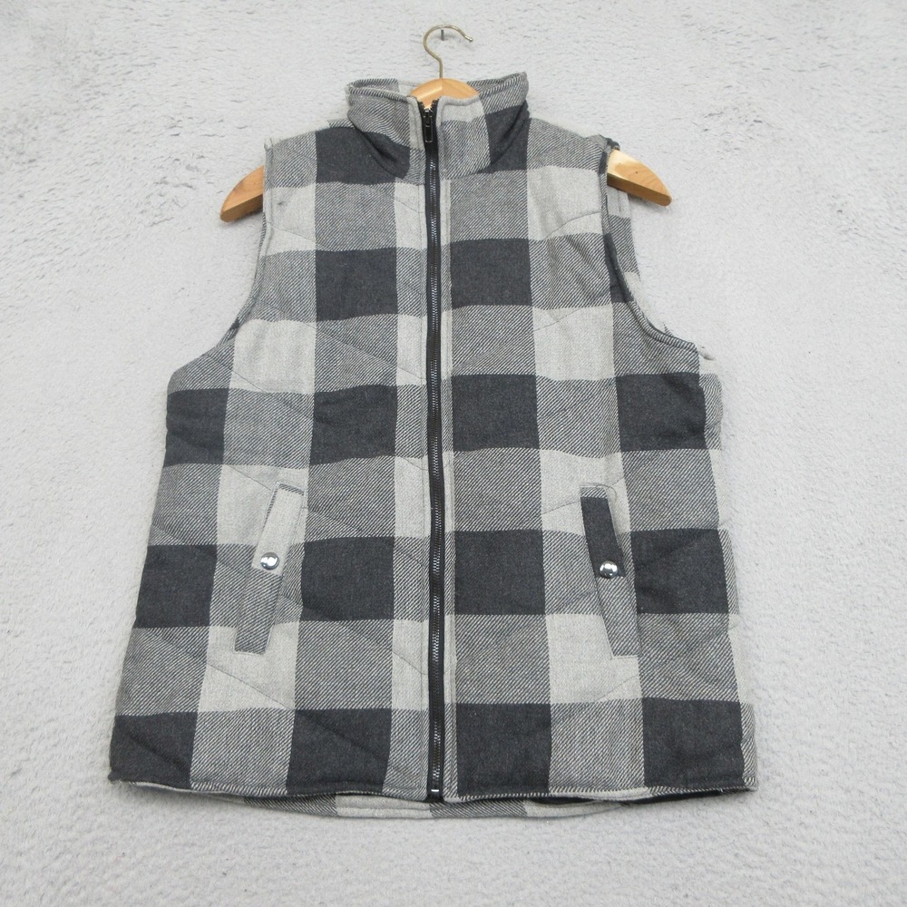 Plaid Quilted Puffer Vest Womens L Gray Black Cabincore Outdoorsy Rustic Mi Ami